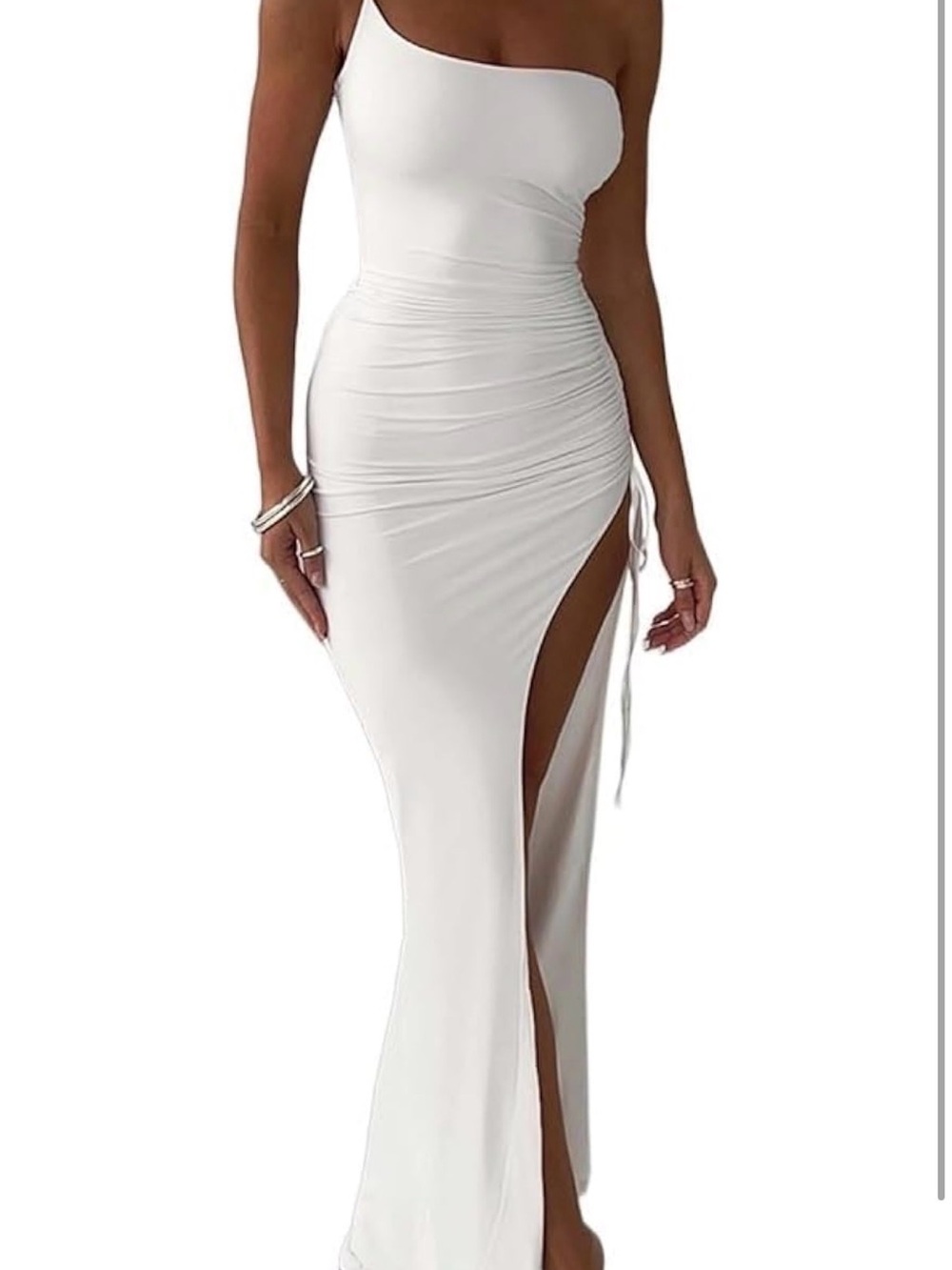 Asymmetric One-Shoulder White Ruched Side-Slit Maxi Dress